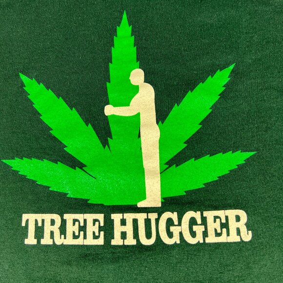 Y2K Tree Hugger Marijuana Funny Shirt Extra Large Green Faded Short Sleeve Tee - Picture 2 of 9